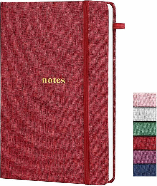 A5 Lined Journal Notebook – Hardcover Fabric Cover 160 Pages 100 GSM Thick Paper With Elastic Band & Pen Holder College Ruled Writing Notebooks for Work School Travel Dark Red