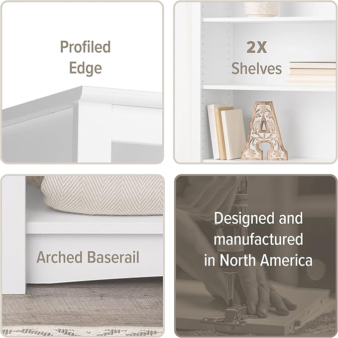 Prepac Sonoma 2-Tier Bookcase 29"H with 1 Adjustable Shelf, White Storage Cabinet, Modern Display Cabinet, Bookshelf with Storage Shelves for Home Office, Living Room, Bedroom Organizer