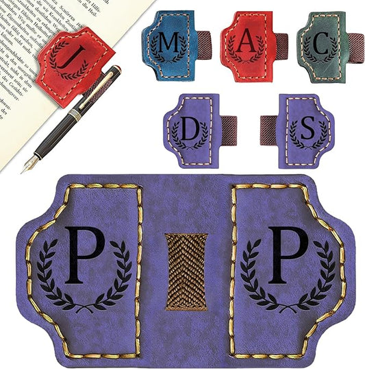 Bygone Mark Bookmark with Pen Holder, 26 Letters Name Initial Personalized Magnetic Bookmarks, Leather Book Mark for Men Women, Travelers Accessories, Teachers Readers Book Lovers Gifts (Purple, P)