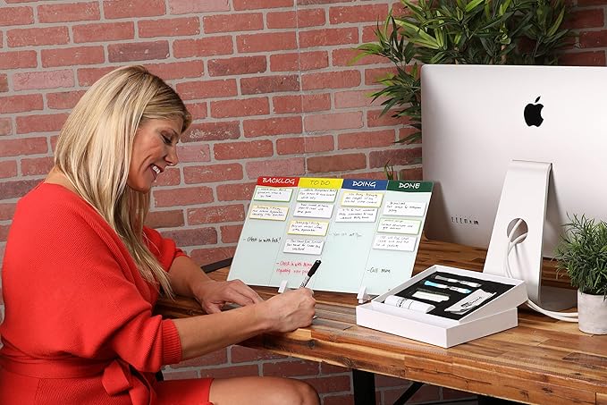 Double Sided Desktop WhiteBoard Kanban Set with Stand.18 x11,Dry Erase Glass Board, 24 Reusable Task Cards, 6 Markers, Accessories. Portable Project Management Planning Productivity WhiteBoard Kit