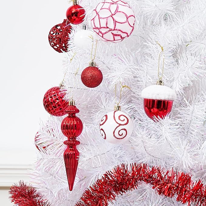 123pcs Christmas Ball Ornaments Set, Shatterproof Plastic Balls for Classic Xmas Decorations, Hanging Ornaments for Christmas Tree, Holiday, Bridal, Home Party, Red and White