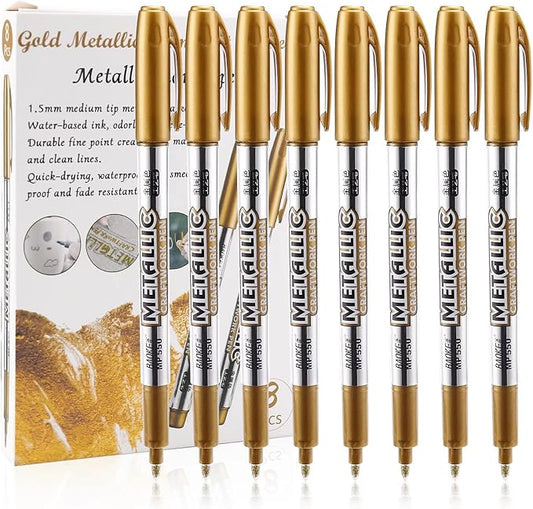 LOONENG Gold Marker Metallic, Fine Point Gold Markers Permanent Metallic for Adult Coloring, Black Paper, Scrapbook, Artist Illustration, Crafts, Gift Card Making, Fabric, DIY Photo Album, 8 Count