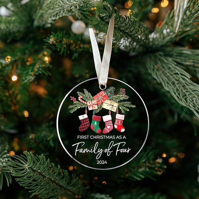 Family Christmas Ornaments 2024 - New Mom and Dad Gifts First Time 2024 - Our First Christmas as a Family of 4 Ornament - Acrylic Ornament 2024