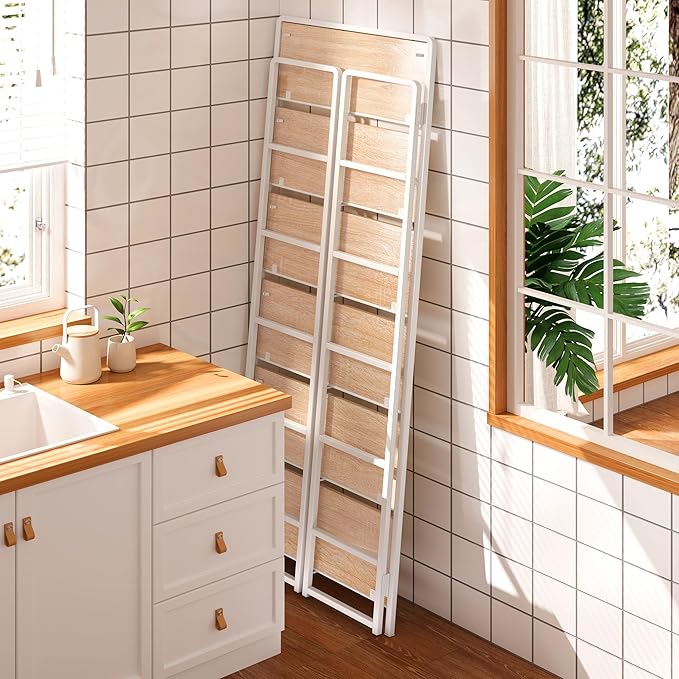 4NM No Assembly 6 Tiers Folding Bookshelf Storage Shelves Vintage Bookcase Standing Racks Study Organizer Home Office (Natural White)