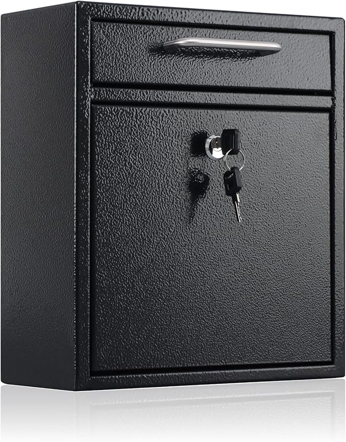 xydled Steel Mailbox Wall Mount, Medium Locking Mailbox with Key Lock, Lock Mail Boxes for Outside, Security Key Drop Box, Collection Boxes, 13.4H x 11.6L x 5.6W Inches, Black, Large