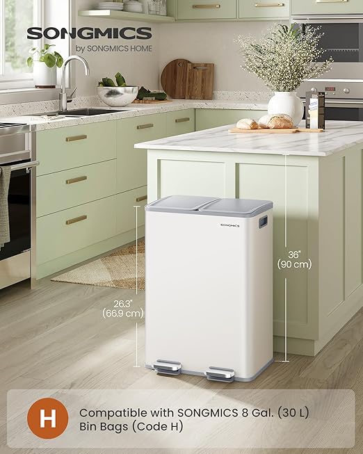 SONGMICS Trash Can, 2 x 8 Gallon (2 x 30 L) Dual-Compartment Garbage Can with Soft-Close Lid, Pedal and Inner Buckets, Stainless Steel, Includes 15 Liner Bags, Matte White ULTB741W01