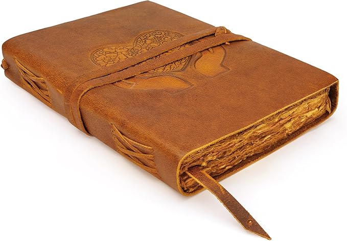 LUXEORIA Heart Journal for Women and Men, Handcrafted Leather Journal for Writing Womens, Leather Sketchbook, Travel Diary with Unlined Deckle Paper, Camel Brown 7x10