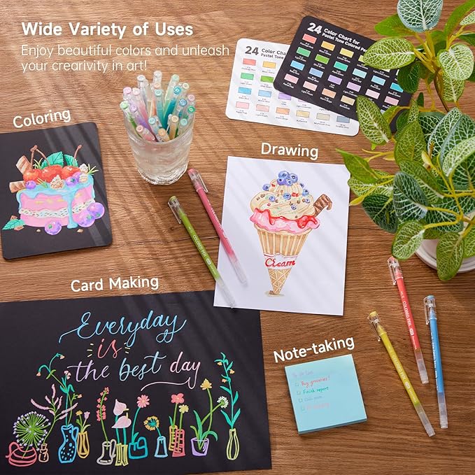 Shuttle Art Colored Pens, 24 Pastel Tone Colors Cute Journal Pens 0.6mm Fine Point Colored Gel Pens for Black Paper Adult Coloring Writing Drawing Journaling Note Taking School Office Home