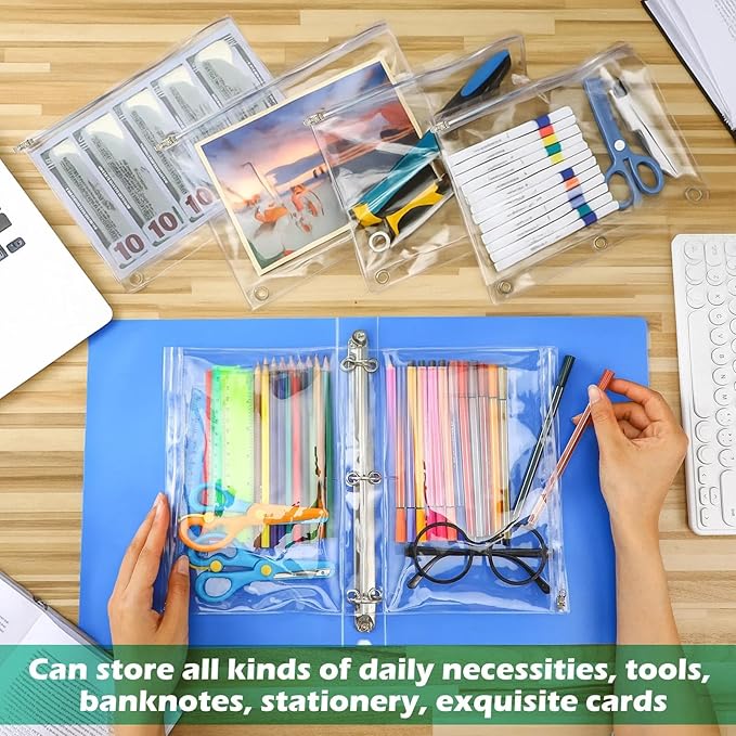 Lincia 24 Pack Clear Pencil Pouch for 3 Ring Binder Pencil Case with Metal Zipper 3 Ring Binder Pocket Inserts Bag 10 x 7'' Visible Cash Envelope with Re-enforced Grommet for College Office Supplies