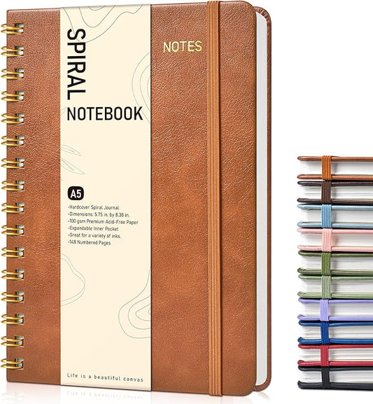 Graph Spiral Journal Notebook, A5 Hardcover Spiral Journals for Women Men, 100 GSM Graph Paper Notebooks, 150 Pages Spiral Bound Grid Notebook for Writing Note Taking Work 5.75" x 8.38", Brown
