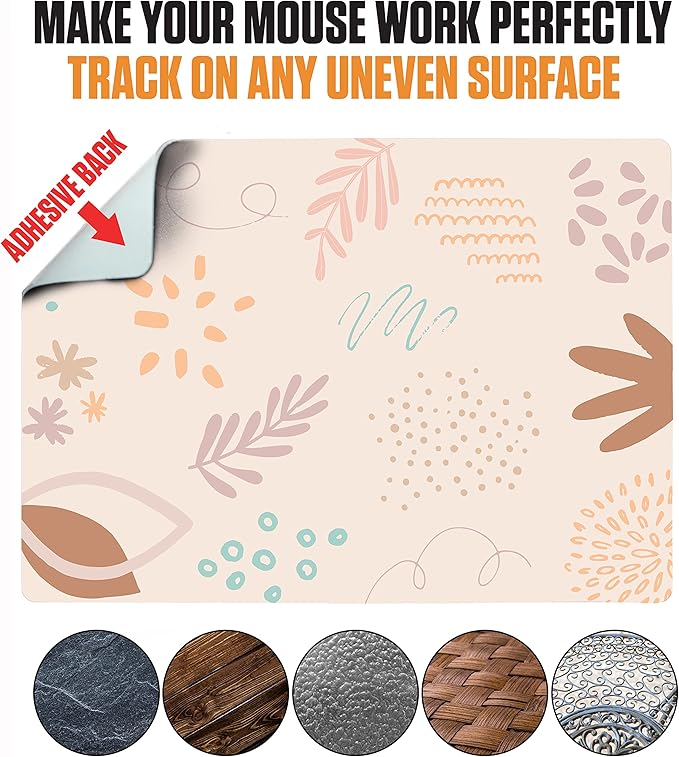 Mouse Pad Adhesive Bottom - Sticks to Any Surface - Portable - Webcam Covers and Screen Cleaner Included (Pastel Leaves)