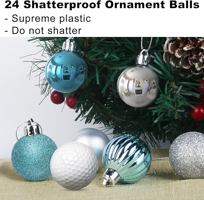 Baby Blue & Silver 1.6" Small Christmas Balls Christmas Tree Decoration Ornaments Shatterproof Hanging Balls for Birthday Halloween Holiday Wedding Decorations Set of 24pcs