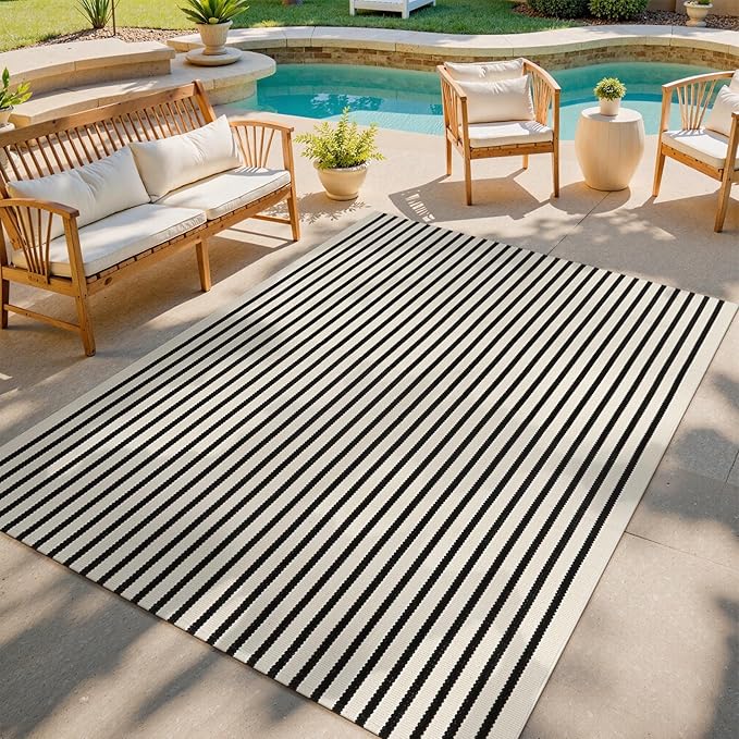 Collive Black and White Outdoor Rug, 5x8ft Striped Outdoor Christmas Rug, Reversible Washable Patio Rugs,Cotton Hand Woven Indoor Area Rug Floor Carpet for Indoor Outdoor Christmas Porch Decor