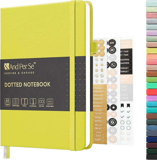 &And Per Se Dotted Journal Notebook, A5 Hardcover Bullet Dotted Journal, 160 Pages 100 gsm Thick Paper, 3 Sheets of Stickers Included - 5.7'' x 8''（Lime Green）