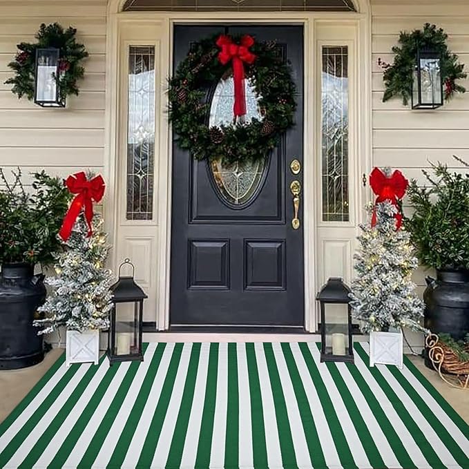 CAINANEL Christmas Outdoor mat 4' x 6' Green and White Striped Outdoor Rug Front Porch Rug,Christmas Home Decor, Layerd Welcome Doormat for Front Porch Decor, Front Door, Farmhouse Decor