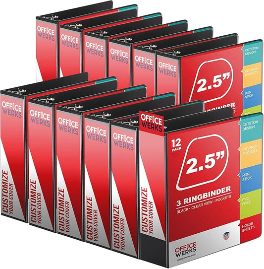 12 Pack of 2.5 Inch 3 Ring Binder with Locking Angle D Rings, Professional Heavy Duty Large Storage Binder with Pockets, Fits 8.5 x 11 Inch Sheets, Non-Stick Clear View Cover, Customizable, Black