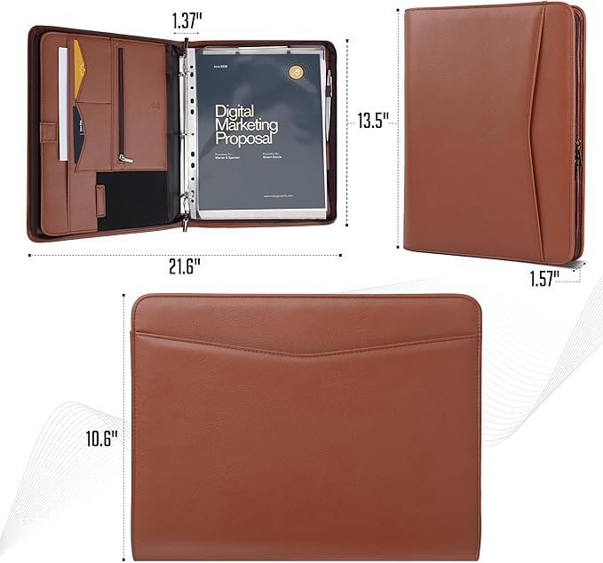 STYLIO Zipper Portfolio | Padfolio 3 Ring Binder and Clipboard Folio (Removable) | Portfolio Organizer for Documents, Tablet, Phone |Faux Leather Binder for Men and Women | Tan (Brown) Color