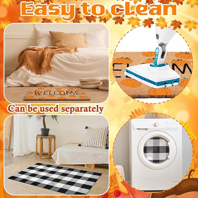 2 Pcs Thanksgiving Coir Doormat Outdoor Thanksgiving Orange Pumpkin Welcome Outdoor Rugs for Layered Buffalo Black White Plaid Mats for Autumn Fall Front Door Porch Entryway Decor