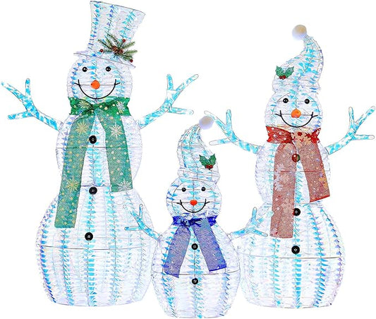 Hykolity 3.5 FT 3D Lighted Outdoor Iridescent Christmas Snowman Family, 3-Piece Lighted Snowman Set with 180 LED Lights, Ground Stakes, Zip Ties for Holiday Decoration
