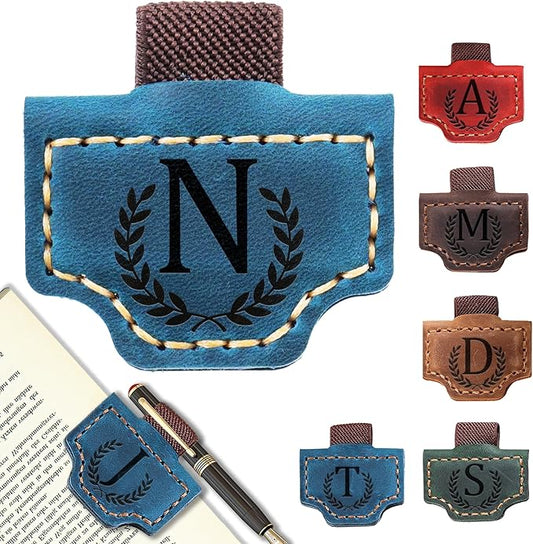 Personalized Bygone Mark Bookmark with Pen Holder, Leather Magnetic Bookmark 26 Letters Name Initial Bookmarks for Readers, Book Lover Gifts for Women Men Notebook Accessories (Blue, N)