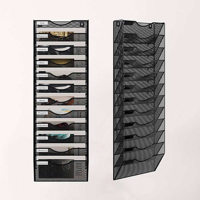 12 Tier Hanging Wall File Holder, Metal A4 Wall Mounted Document Holder, Vertical Hanging Mail Organizer, Magazine Storage Rack for Office Home Classroom, Black