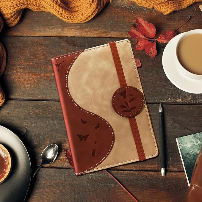 Lined Journal Notebook, A5 Hardcover Leather Journal for Men Women, 200 Pages 100 GSM Thick Paper, Journaling Notebooks for Work School Travel Note Taking, Beige & Brown