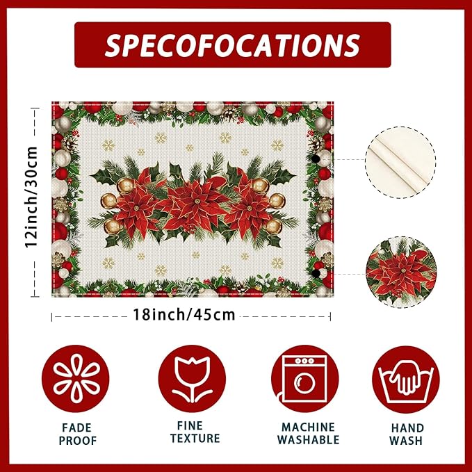 XCHI Christmas Poinsettias Leaves Bells Snowflakes Winter Xmas Placemats Set of 6 Table Mats for Party Home Kitchen Dining Table Decorations 12x18 Inch