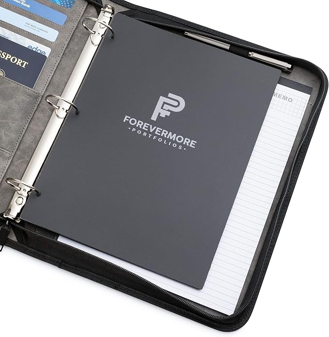 Forevermore Portfolios Portfolio Organizer - 1.5" 3 Ring Binder with Notepad - Zippered Storage Pouch for Papers, Travel Documents, Presentation Folder with Pockets for Card, Passport, Tickets - Gray