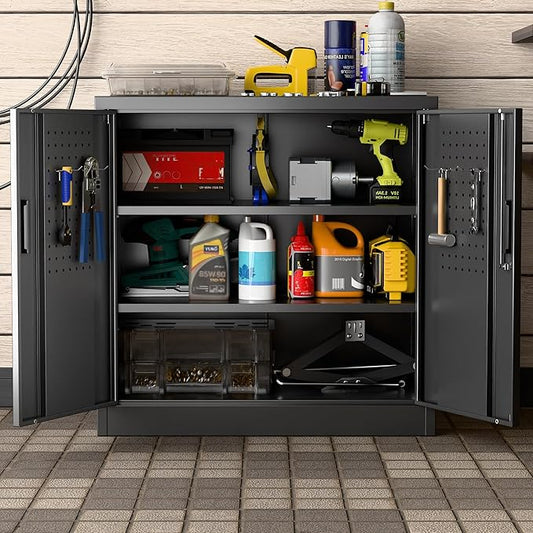 Aobabo 31.5" H Small Garage Storage Cabinet with Pegboard,Lockable File Storage Cabinet with 2 Adjustable Shelves for Garage, Office, School, Assembly Require, Black