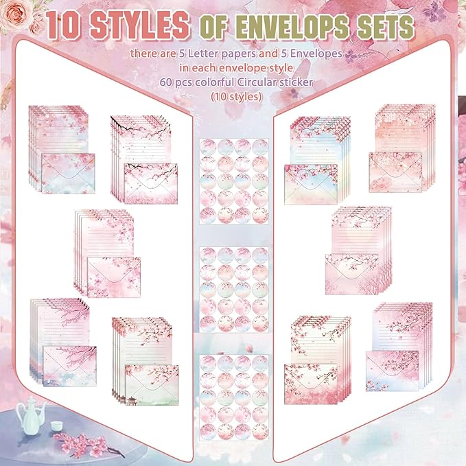TaoBary 160 Pcs Stationery Paper Set 50 Double Sided Stationery Papers with 50 Matching Envelopes and 60 Round Dot Sticker, 10 Design(Cherry Blossom,5.5 x 8.25 Inch)