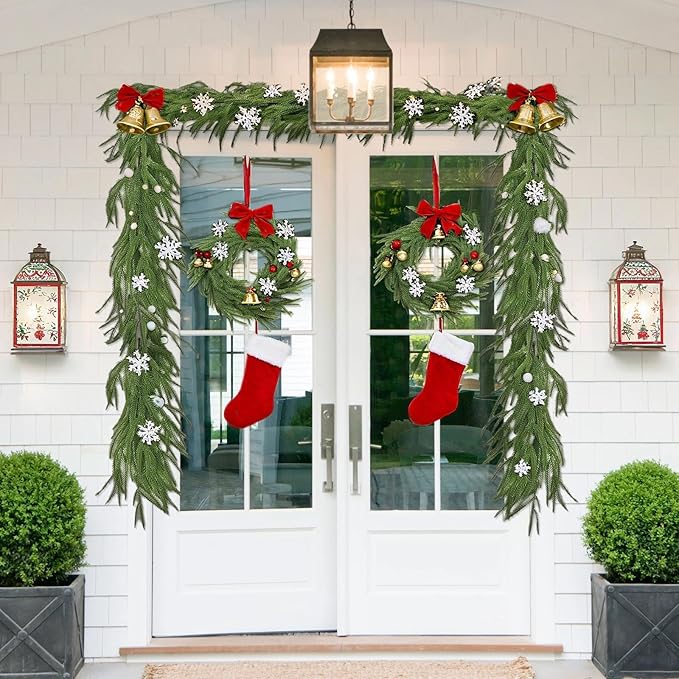 2 Pcs Christmas Norfolk Pine Garland, 6 FT Real Touch Norfolk Pine Garland Ornament, Christmas Artificial Greenery Cedar for Holiday Mantle, Table, Fireplace, Stair, Indoor, Outdoor Xmas Decorations