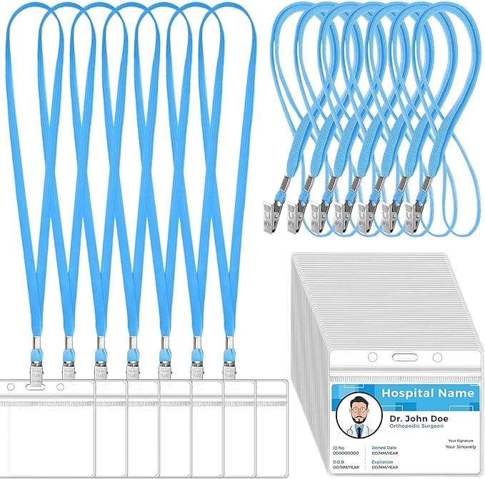 Marspark 50 Sets Clear Name Tags with Lanyard, Lanyards for ID Badges Reusable Strap with ID Holder Plastic Name Badges for Adults Business School Church Conference (Lake Blue)