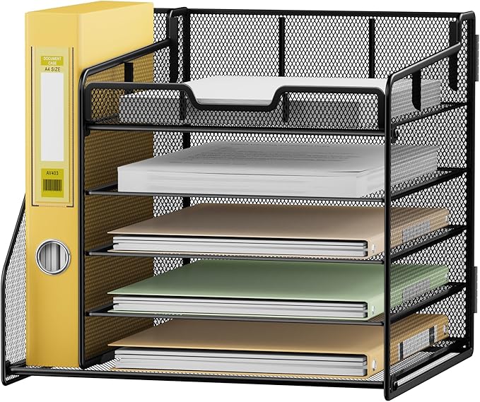 Lavatino Desk Organizer, 5-Tier Metal Mesh Paper Letter Tray with 1 File Holders & 7 Flexible Dividers for Office or Home Desk Organizers and Accessories, Keep Workspace Supplies Neat, Black
