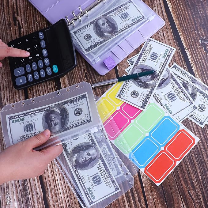 Antner A6 Budget Binder with Zipper Cash Envelopes for Money Organizer & Budgeting, PU Leather Budget Planner Money Saving Binder with Cash Stuffing Envelopes & Labels for Home Office Travel, Purple