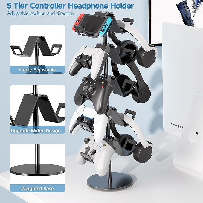 Controller Stand,5 Tier Controller Headphone Holder for Universal Headsets and Controllers,Black