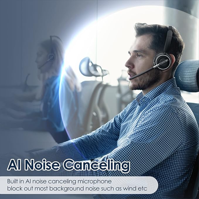 Wireless Headset with Mic for Work, Bluetooth Headset with AI Noise Canceling Microphone with USB Dongle, Charging Base & Mic Mute, Wireless Headphones for Work from Home/PC/Laptop/Computer
