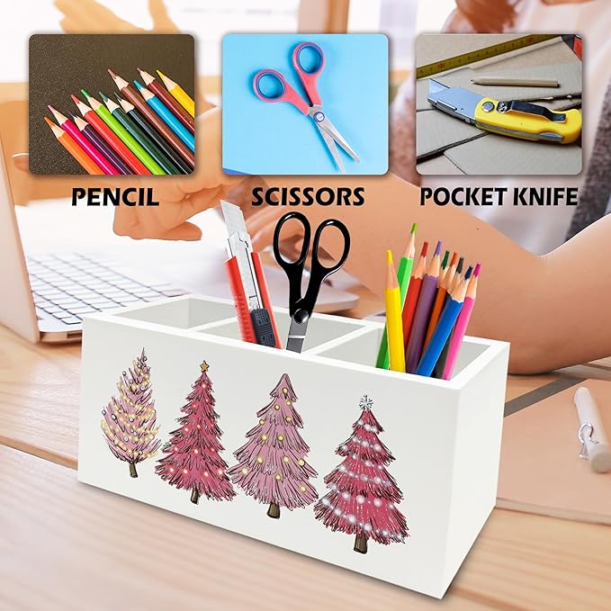 Pink Christmas Tree Pen Pencil Holder Organizer for Desk, Preppy Girly Xmas Holiday Wooden Box Signs Decorations for Girls Room Home Office Desk Tabletop, Girly Christmas Decor