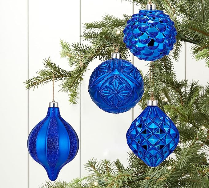 Hollyone 4.7 Inch Large Blue Christmas Ornaments 4Pcs Balls Ornaments Shatterproof Christmas Hanging Ornaments for Xmas Tree Decor with Hook for Wedding Holiday Party Wreath Home Decor (Blue, 120mm)