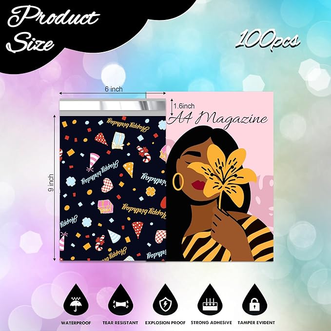 Happy Birthday Poly Mailer 6x9 Inch 100 Pcs, Waterproof Shipping Bags for Clothing, Tear-Resistant Mailier Bags, Strong Mailing Bags with Self-Seal
