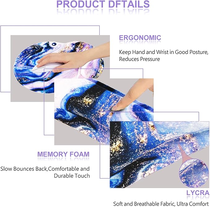 ArtSo Upgraded Wrist Rest Support for Mouse Pad & Keyboard, Ergonomic Gel Mousepad Non-Slip Rubber Base Home,Office Pain Relief & Easy Typing Cushion Neoprene Cloth & Soft Memory Foam, Purple Marble