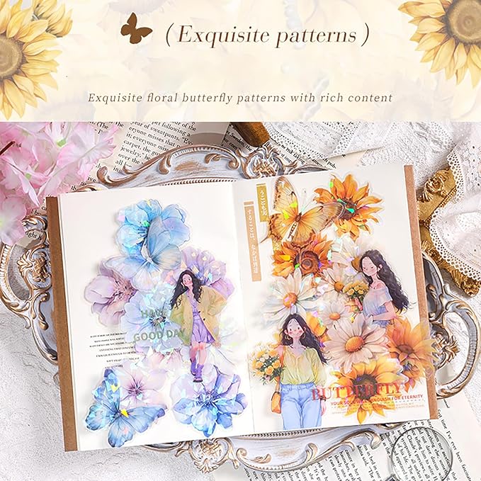 Doraking 60 Pieces Glitter Shiny Flower Stickers for Journaling, Waterproof Decorative Decal for Scrapbooking Supplies Journal Planners Art Crafts Photo Album Decor (Pink)