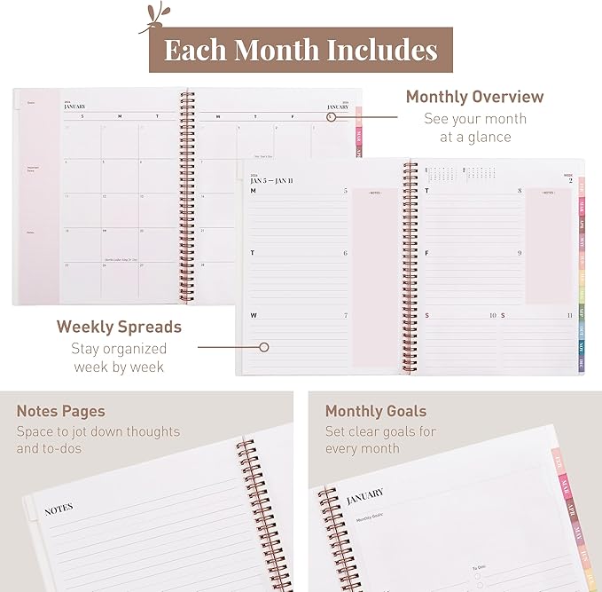 Rileys 2026 Planner, Agenda Planner With Weekly And Monthly View, Daily Agenda Book And Yearly Planners Calendar Book, Spiral Bound With Tabs, Notes, Goals And Holidays (Float, Beige, 8.5 x 11 in)