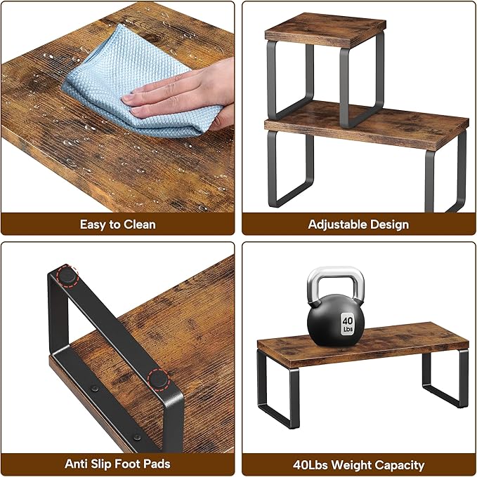 Homeiju Wooden Desktop Organizer Shelf, 2-Tier Adjustable Freestanding Bookshelf Desk Shelf, Stackable Desk Organizer for Office, Dorm, Bedroom, Space Saving, Easy Assembly, Rustic Brown (1 Pack)