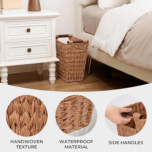 GRANNY SAYS Bathroom Wastebasket, Caramel Orange Woven Trash Can with Handles, Waterproof Wicker Waste Basket for Office, 1-Pack, 13" x 7 ½" x 12 ½"
