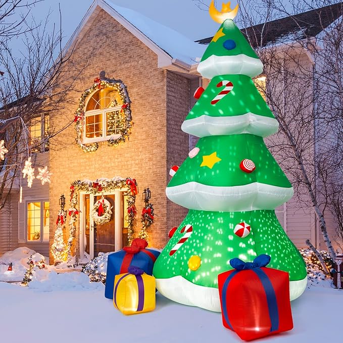 Outdoor Christmas Inflatables Decorations, 8FT Inflatable Christmas Tree with Build in Rolated Snowflake Lights, Blow up Inflatable Tree with Gift Boxes and Moon for Christmas Party Indoor, Outdoor,