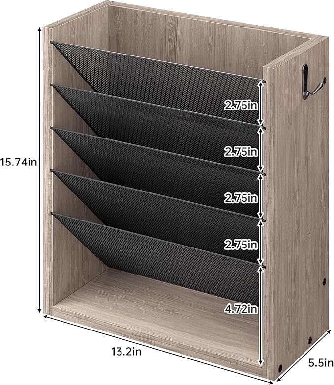 Hanging Wall File Organizer, 6 Tier Wood Wall File Holder with 2 Hooks, Mail Organizer Wall Mounted with Bottom Flat Tray, Vertical Paper Desk Storage for Office, Home, Greige