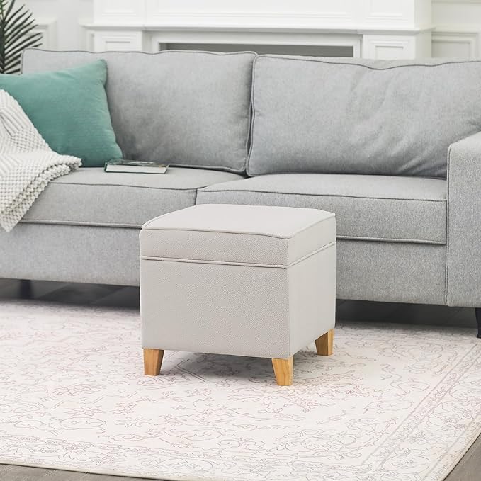 Adeco 17.5" Square Fabric Ottoman with Storage - Upholstered Cotton Linen Foot Rest - Flip Top Footstool with Sturdy Wood Legs, Small Cube Coffee Table Extra Seat for Living Room, Bedroom, White