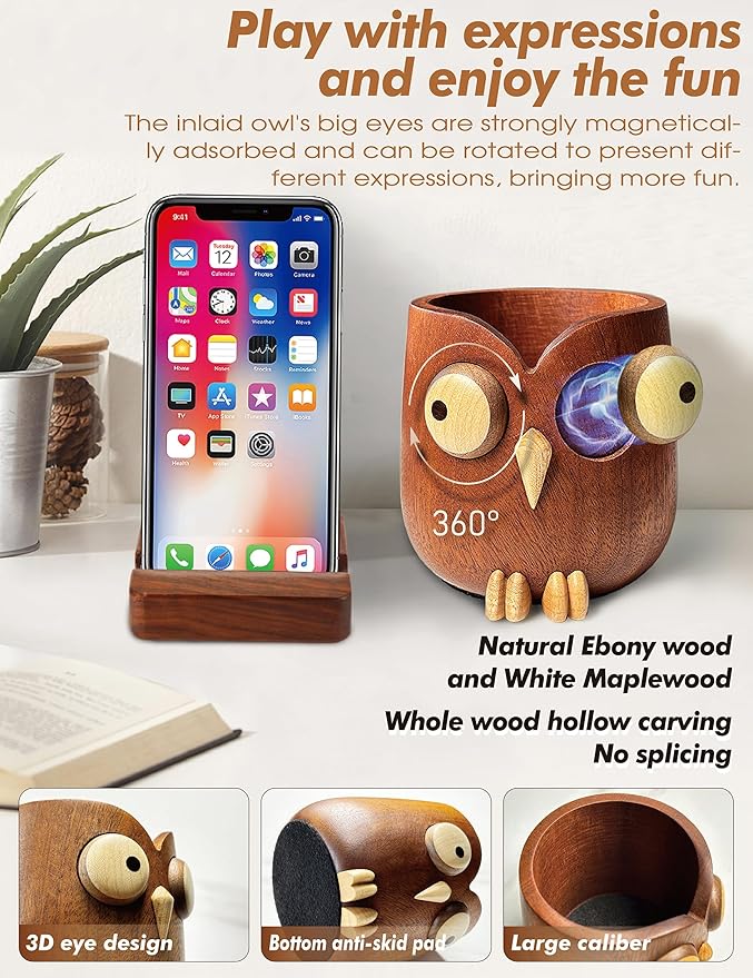 Cute owl pen holder Desk Organizer Decoration Pencil Holder Stand pen holder for desk phone stand for desk phone holder whole wood carving for office school Home office accessories gifts (dark brown)