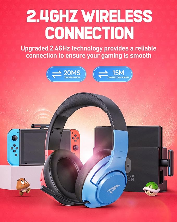 CG-01 2.4Ghz Wireless Gaming Headset for Nintendo Switch丨OLED丨Lite, Bluetooth 5.4 Gaming Headphones with Noise Cancelling Microphone, 40Hr Battery, USB & Type-C Connector for PS5, PS4, PC, Laptop, Mac