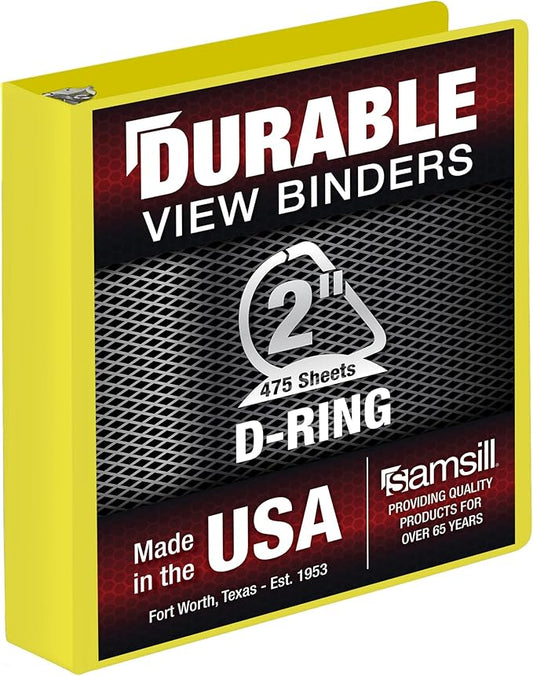 Samsill Durable 2 Inch Binder, Made in The USA, D Ring Binder, Customizable Clear View Cover, Lemon Yellow, Holds 475 Pages